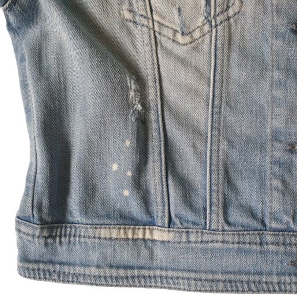 Size L 12 Designer Cropped Distressed Denim & Lace Jacket - Picture 7 of 15